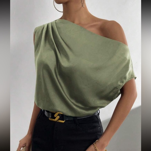 Ruched  mauve purple asymmetrical neck blouse - Picture 7 of 16